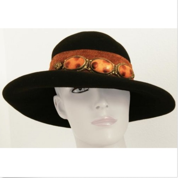 Eric Javits Black Wool Hat Wide Brim Suede Band with Stones Vintage Retro HTF - Picture 2 of 8